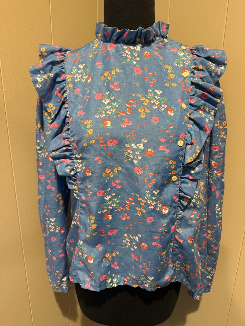 B37 Women’s Floral Ruffle High-Neck Top Asymmetrical Button Down Blouse
